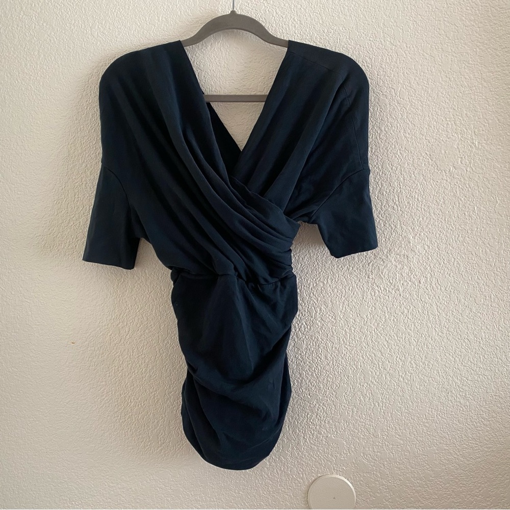 Interior Brand Criss Cross Draped Top Black Short Sleeve